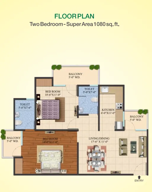 Supertech Green Village 2 BHK Flat Floor Plan - 1080 Square Feet Supertech Green Village 2 BHK Flat Floor Plan - 1080 Square Feet