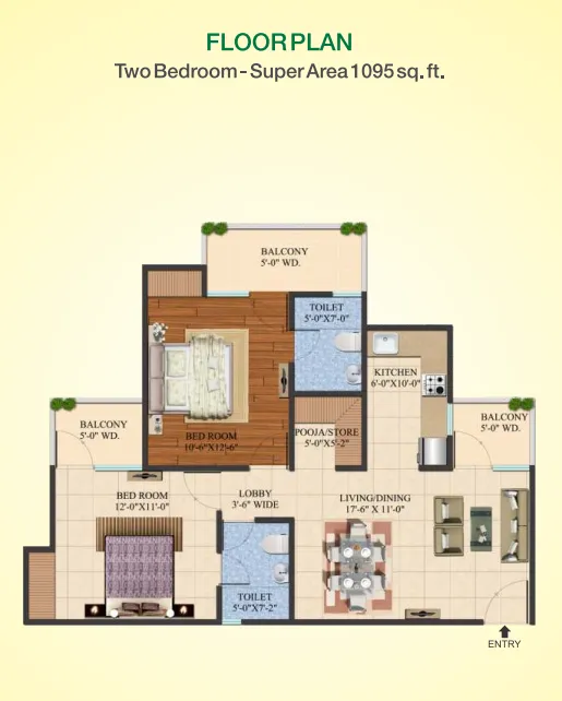 Supertech Green Village 2 BHK Flat Floor Plan - 1095 Square Feet Supertech Green Village 2 BHK Flat Floor Plan - 1095 Square Feet