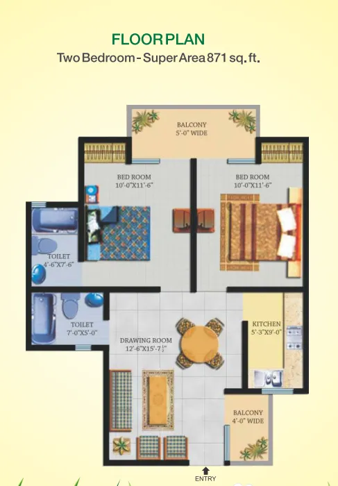 Supertech Green Village 2 BHK Flat Floor Plan - 871 Square Feet Supertech Green Village 2 BHK Flat Floor Plan - 871 Square Feet