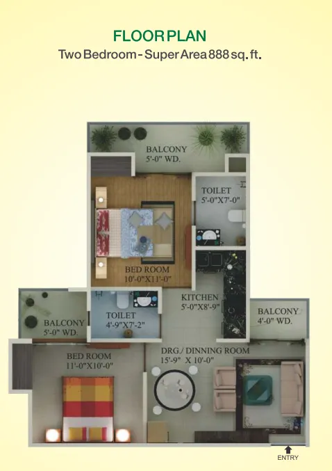 Supertech Green Village 2 BHK Flat Floor Plan - 888 Square Feet Supertech Green Village 2 BHK Flat Floor Plan - 888 Square Feet