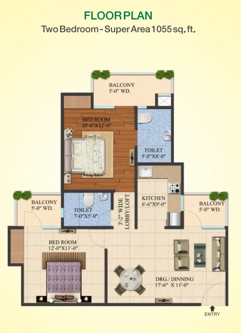 Supertech Green Village 2 BHK (Type 2) Flat Floor Plan - 1055 Square Feet Supertech Green Village 2 BHK (Type 2) Flat Floor Plan - 1055 Square Feet