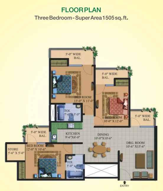 Supertech Green Village 3 BHK Flat Floor Plan - 1505 Square Feet Supertech Green Village 3 BHK Flat Floor Plan - 1505 Square Feet