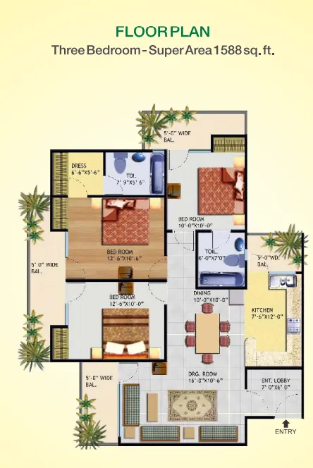 Supertech Green Village 3 BHK Flat Floor Plan - 1588 Square Feet Supertech Green Village 3 BHK Flat Floor Plan - 1588 Square Feet